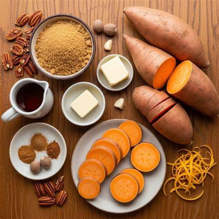 Ingredients for candied sweet potatoes: sweet potatoes, butter, brown sugar, cinnamon, syrup, water.